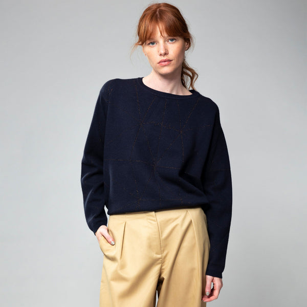 SHŌEN Contemporary Damen Pullover Acryl-Mix Marineblau - Geometrisches Kupfer-Muster