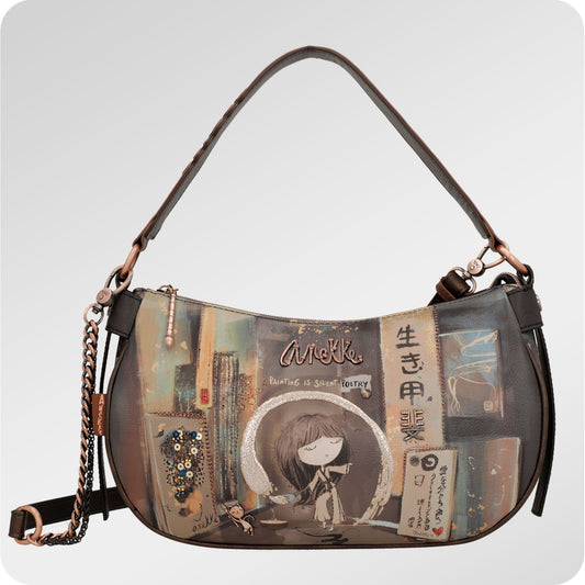 Anekke SHŌEN ovale kettingtas van synthetisch materiaal, bruin - pailletten en Japanse kunst, 31x21x10 cm