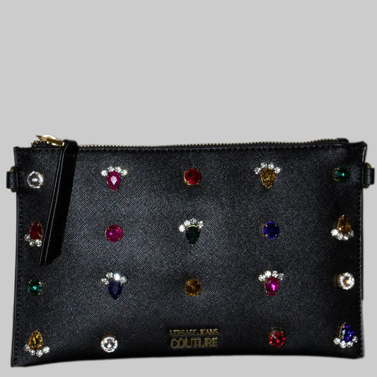 Versace jeans clutch van imitatieleer, zwart - 19 strass-steentjes en afneembare schouderband, 25x15x1 cm