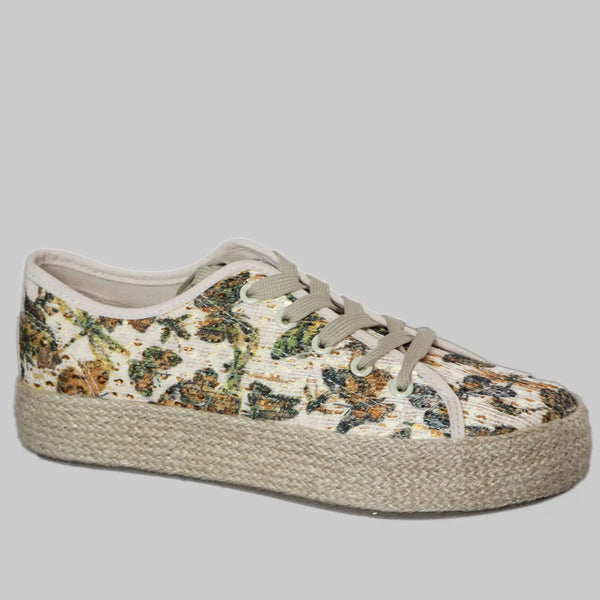 Plateau-Sneaker Beige – Schmetterlings-Print, Espadrille-Sohle