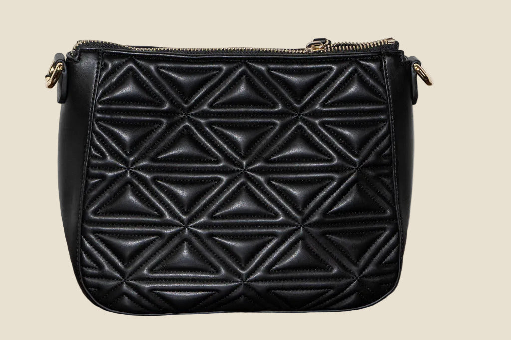 Shoulder Bag Faux Leather Black - Zigzag Pattern