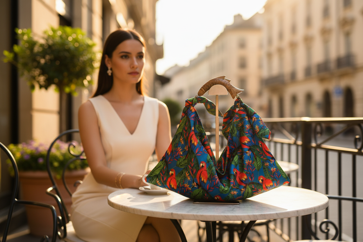 CINNAMON Foulardtasche Polyester Königsblau - Reißverschluss Holzhenkel