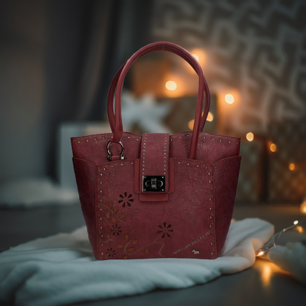 DogsByBeluchi Handtasche Burgunder - Blumen-Lochmuster & Nieten 30x29x15cm