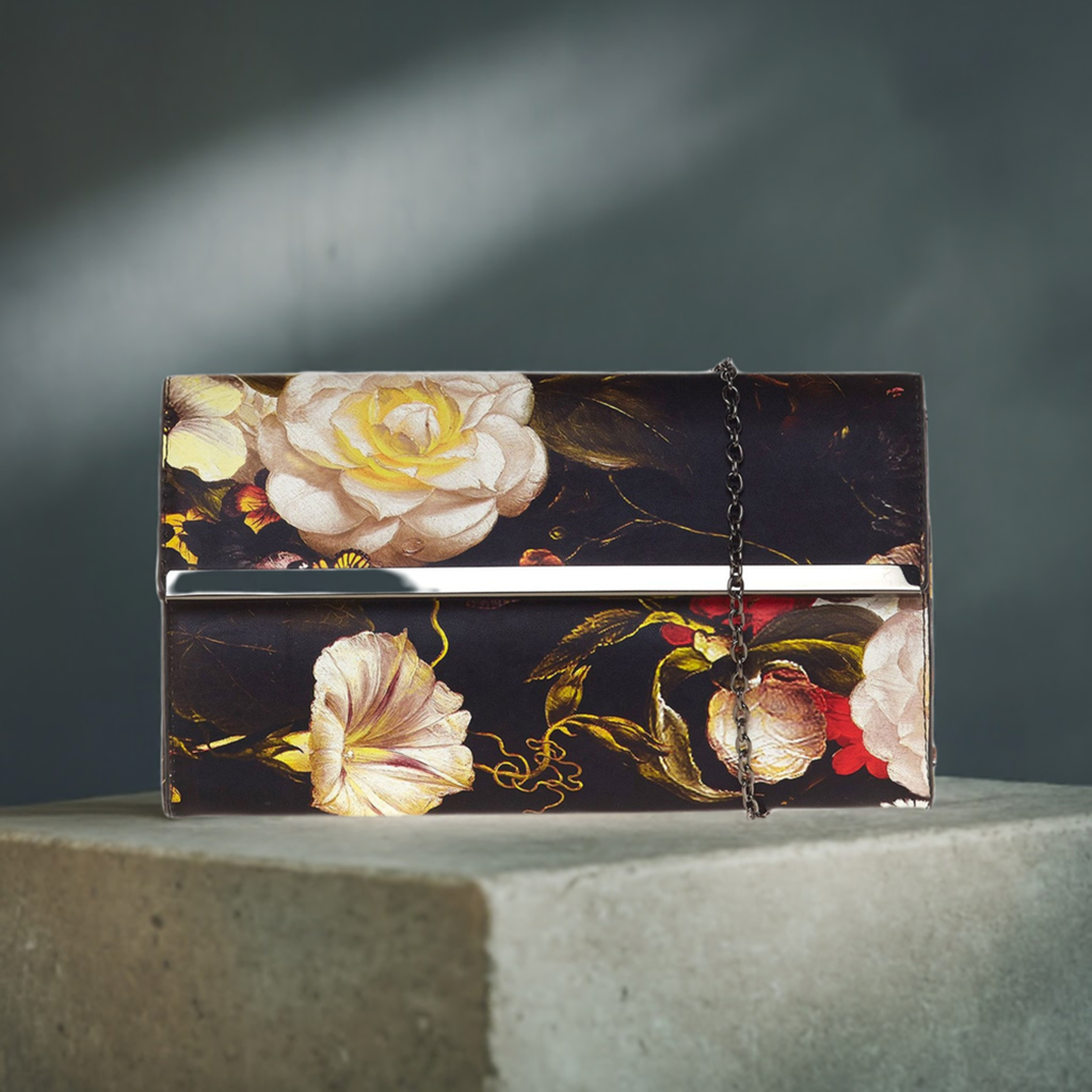 BLoveBeau Clutch FLORA - Faux leather with floral pattern in black