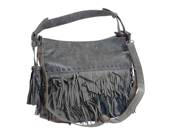 Laura Biagiotti Shoulder Bag Grey - Faux Leather with Fringe 31x29x19cm