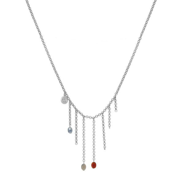 Halskette Silberfarben – 3 Multicolor-Schmucksteine, Knebelverschluss