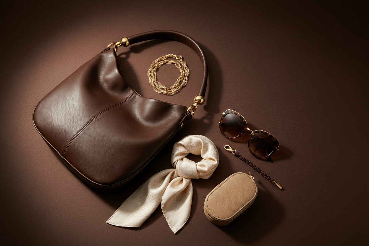 Das goldene Armband oben auf der Tasche – liegt etwas seltsam platziert. Wirkt fast wie ein Henkelaufsatz, nicht wie ein eigenständiges Accessoire. Könnte man auf den ersten Blick missverstehen.