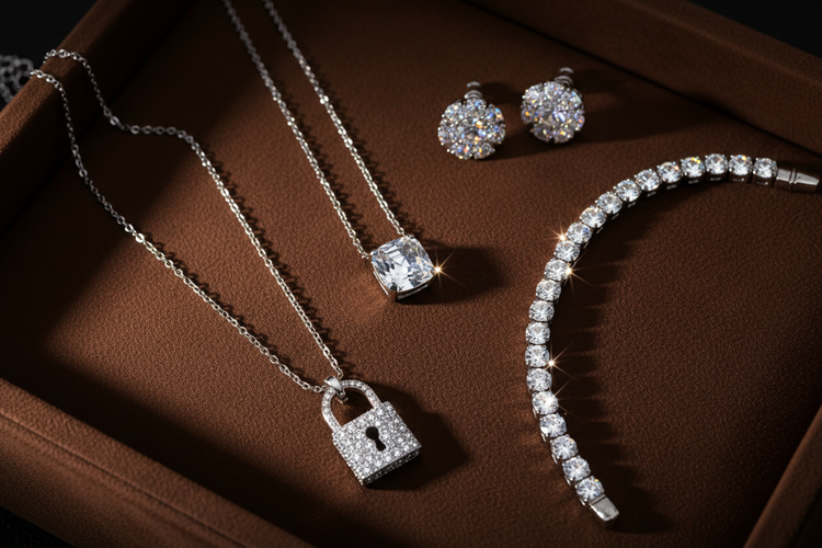Diamond Style Kollektion – britischer Damen-Schmuck mit Swarovski-Kristallen in Weißgold-Optik: Halskette mit Solitär-Anhänger, Halskette mit Hängeschloss-Anhänger, Tennis-Armband und Steckohrringe auf warmem Espressobraun-Hintergrund