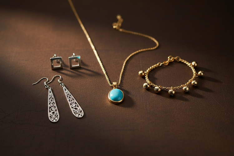 Biba Experience Kollektion – Damen-Modeschmuck mit goldener Halskette mit türkisem Anhänger, Glöckchen-Armband in Gold und silbernen Tropfen- und Steckohrringen auf warmem Espressobraun-Hintergrund