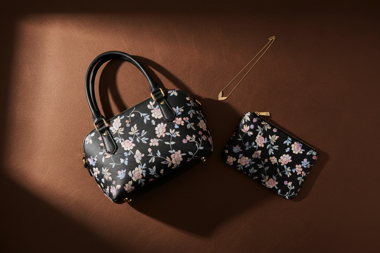 BLoveBeau Kollektion – schwarze Handtasche und Clutch mit pastellfarbenem Blumenmuster und goldene Halskette auf warmem Espressobraun-Hintergrund