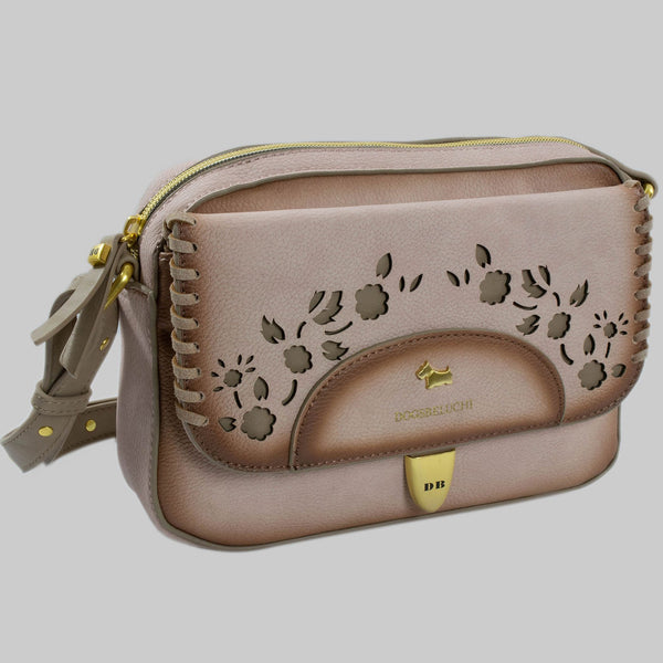 Umhängetasche Beige-Rosa - Blumenmuster & Nieten 5 Fächer