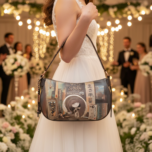 Anekke SHŌEN ovale kettingtas van synthetisch materiaal, bruin - pailletten en Japanse kunst, 31x21x10 cm