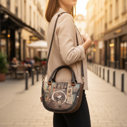 Anekke SHŌEN Kleine Crossbodytas van synthetisch materiaal, bruin - Ovale vorm met kettingdetails, 23x18x7 cm