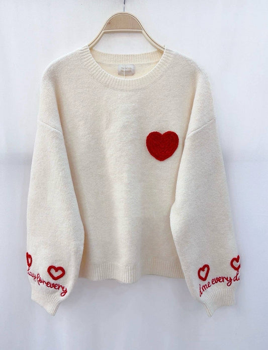 Pullover “Red Heart” – Creme/Weiß, Einheitsgröße, Herzgeflecht & Komfort