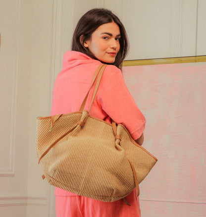 CINNAMON Einkaufstasche Raffia Natur - Kalbsleder-Griff Made in Italy