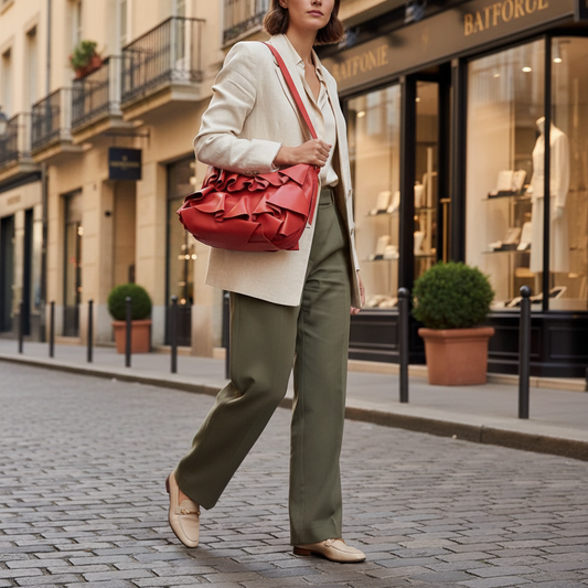 Schoudertas van bordonese-leer in rood - met ruches en verstelbare riem