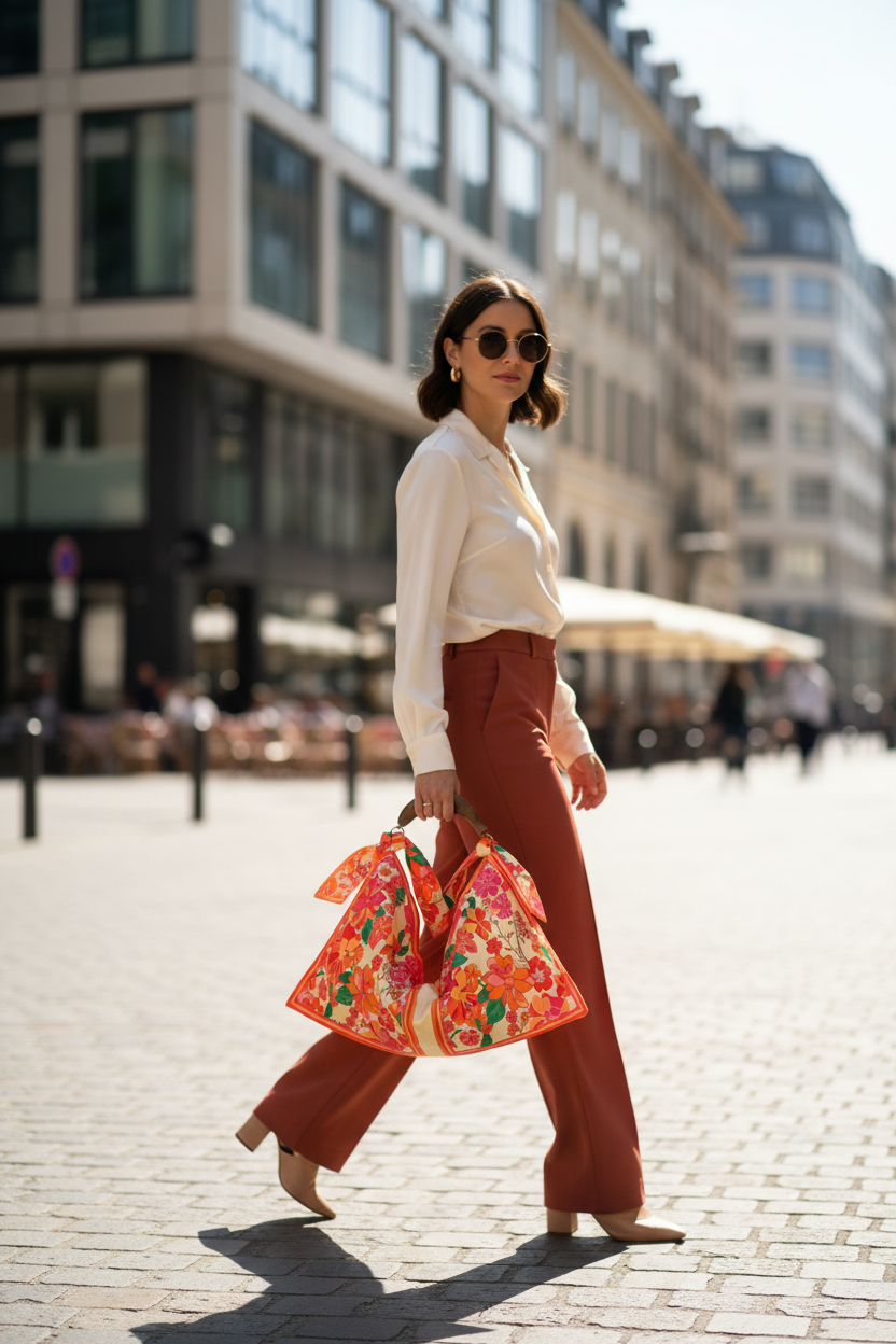 CINNAMON Foulardtasche Polyester Orange - Reißverschluss Holzhenkel