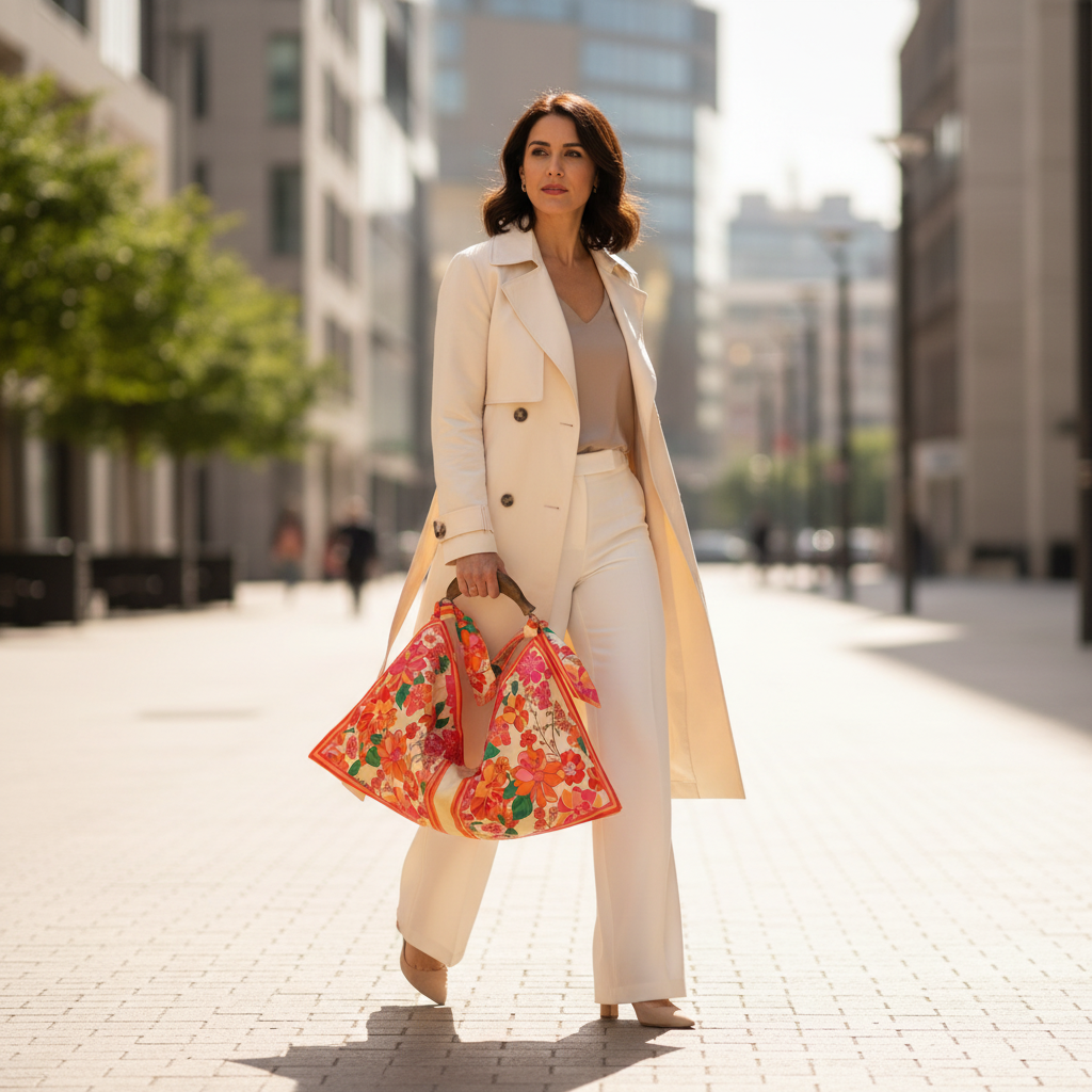 Foulard Bag Cream Floral Print Wooden Handles