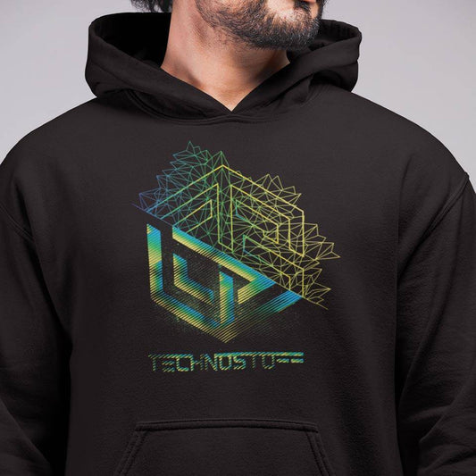 Hoodie schwarz Synthwave Metamorphosis Unisex, Mann trägt Hoodie von vorne mit weißem Synthwave-Print auf der Brust