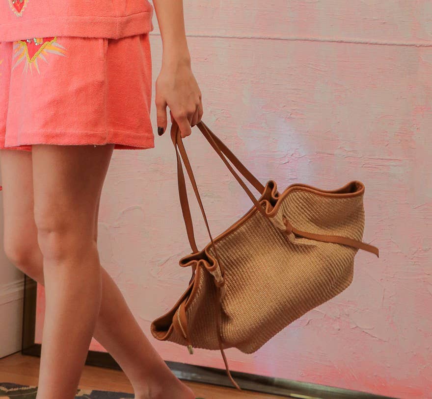 CINNAMON Einkaufstasche Raffia Natur - Kalbsleder-Griff Made in Italy
