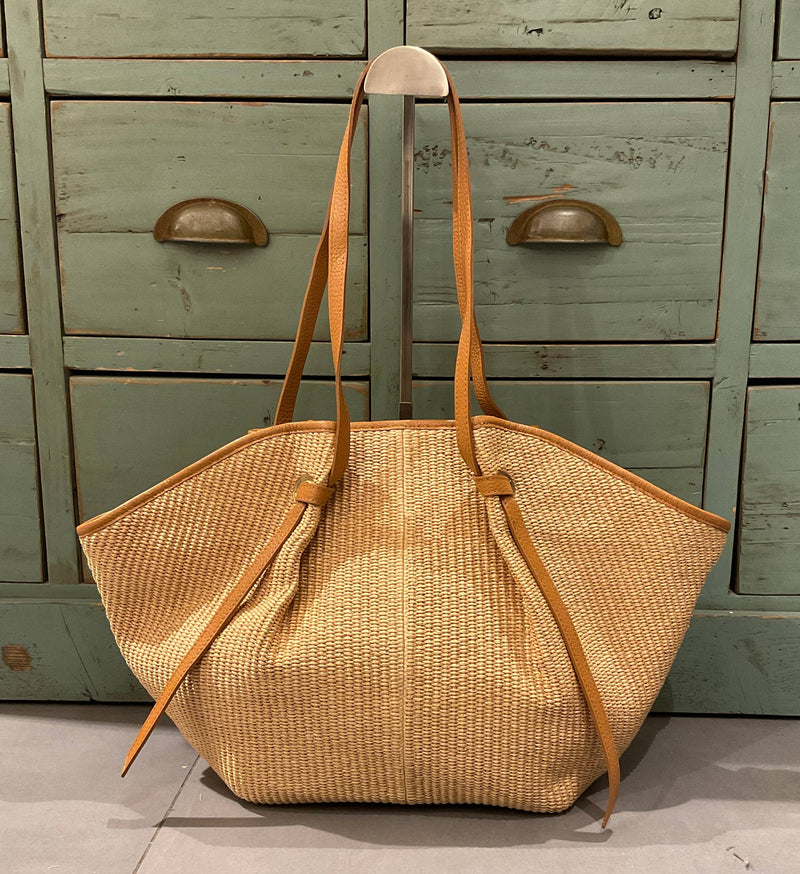 Tote Bag Raffia Natur Kalbsleder-Griff