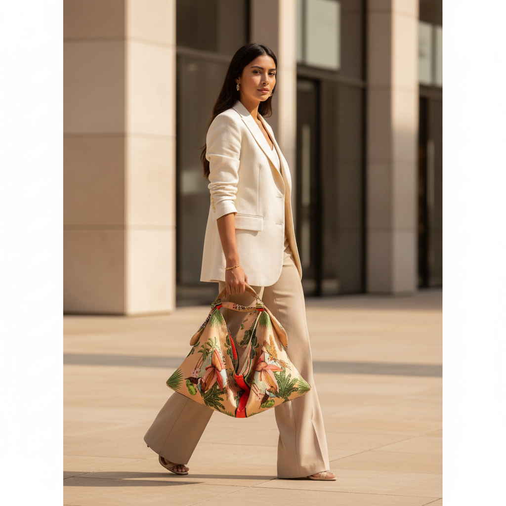Foulard Bag Beige Tropical Print Wooden Handle