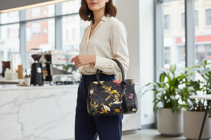 BLoveBeau Handtasche FLORA - Kunstleder mit Blumenmuster in Schwarz