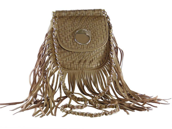 Cavalli Class Leder Umhängetasche Taupe - Geflochten mit Fransen 16x16x7cm
