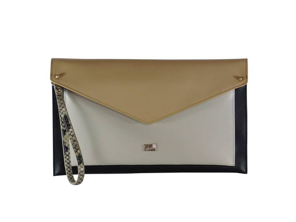 Cavalli Class Leder Clutch Schwarz/Weiß/Beige - Abnehmbarer Riemen 29x17x3cm