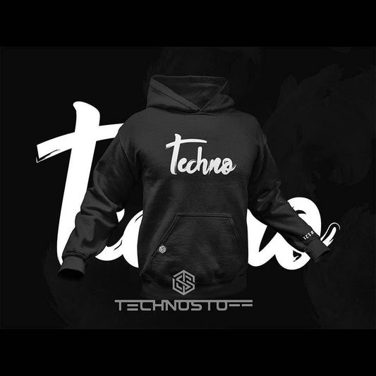 Schwarzer Calligraphic Techno Premium Hoodie mit weißem Techno-Schriftzug in Kalligraphie auf der Vorderseite
