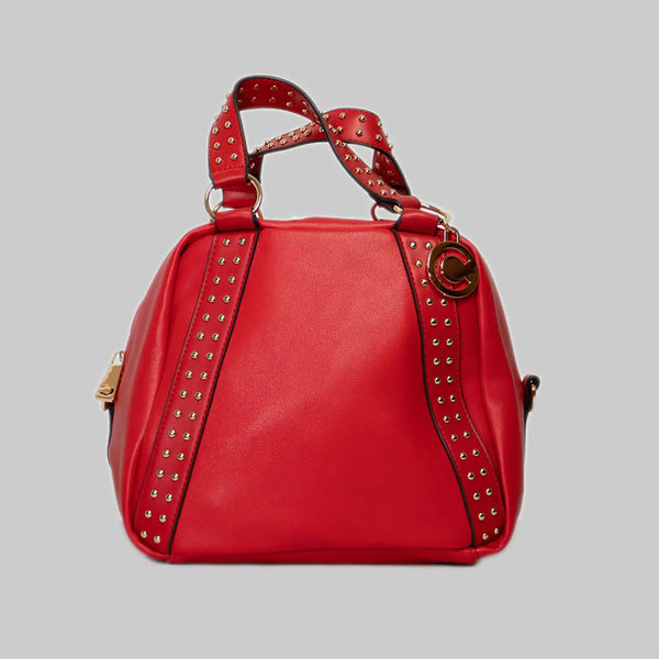 Handbag Faux Leather Red - Stud Embellishment & Adjustable Strap