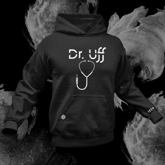Schwarzer Dr. Uff Premium Hoodie mit weißem Druff-Print auf der Vorderseite