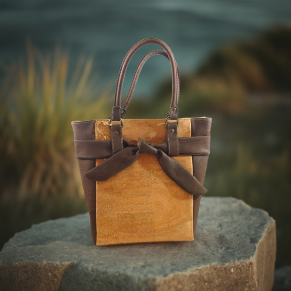 Damen Handtasche Korkeiche Hell Dunkelbraun Schleife