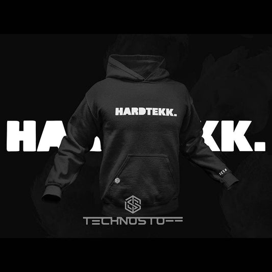Schwarzer Hardtekk Block Premium Hoodie mit weißem HARDTEKK Flexdruck auf der Vorderseite