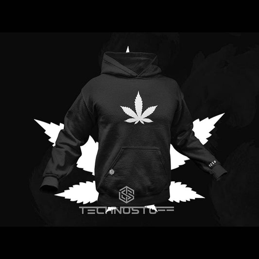 Schwarzer Hemp Leaf Premium Hoodie mit weißem Cannabis-Blatt Print auf der Vorderseite