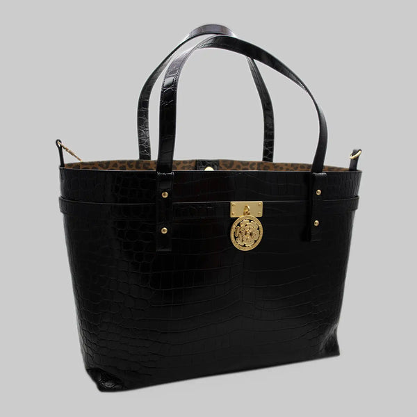 Women's Genuine Leather Shopper Black Crocodile Look