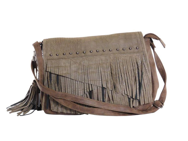 Laura Biagiotti Umhängetasche Taupe - Kunstleder mit Fransen 35,5x22x10cm