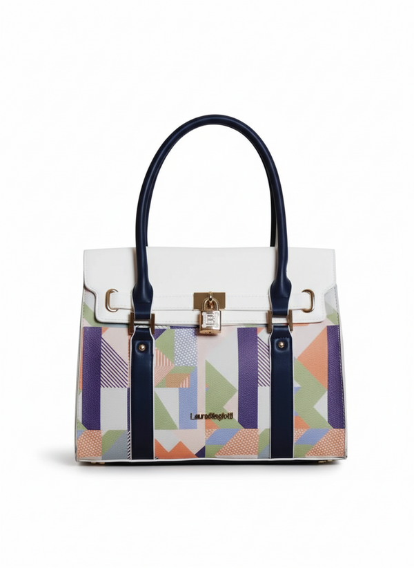 Damen Handtasche Kunstleder Karomuster Weiß Blau Rot Orange