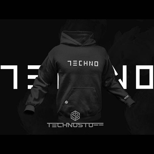 Schwarzer Minimalistic Techno Premium Hoodie mit weißem futuristischem minimalistischem Schriftzug auf der Vorderseite