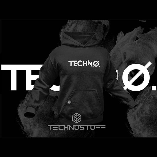 Schwarzer New Techno Premium Hoodie mit weißem TECHNO Flexdruck auf der Vorderseite
