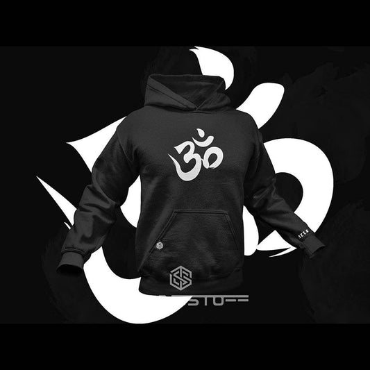 Schwarzer Goa Premium Hoodie mit weißem Om-Symbol und Mond-Motiven auf der Vorderseite