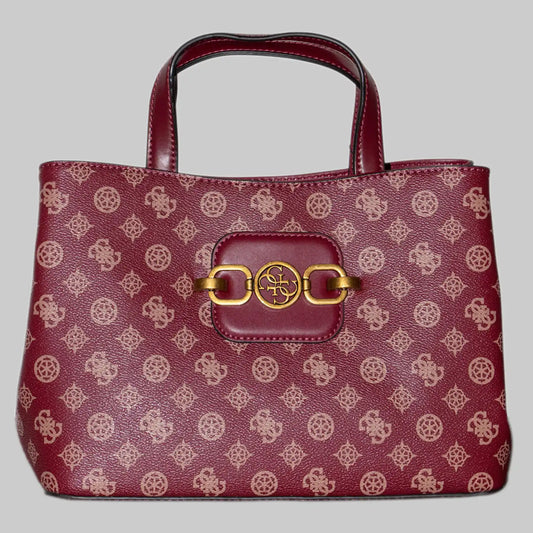 Guess handtas, imitatieleer, donkerrood - 4G-print, Hensely-logo en gouden details, 32x22x12 cm