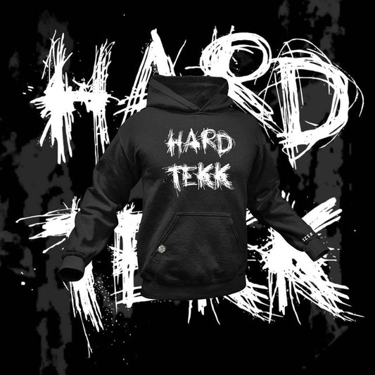 Schwarzer Scratched Hardtekk Premium Hoodie mit weißem Scratched Hardtekk Motiv auf der Vorderseite