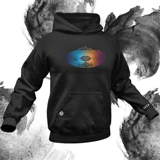 Schwarzer Techno Scratch Premium Hoodie mit weißem Vinyl-Plattenspieler Print auf der Vorderseite
