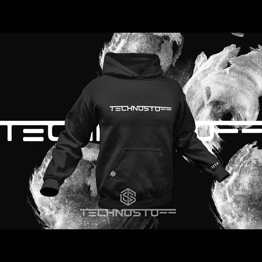Schwarzer Technostoff Classic Premium Hoodie mit weißem Technostoff-Schriftzug auf der Vorderseite