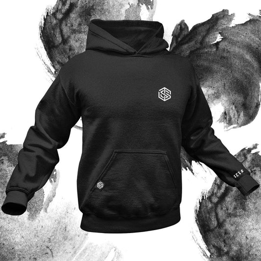 Schwarzer Technostoff Crew Premium Hoodie mit weißem Technostoff-Logo auf der Vorderseite