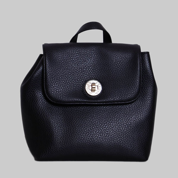 Faux Leather Backpack Black - Twist Lock & Adjustable Straps
